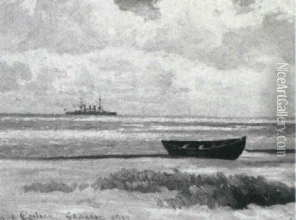 Udsigt Over Havet Med Krigsskib, I Forgrunden Robad Oil Painting - Carl Ludvig Thilson Locher