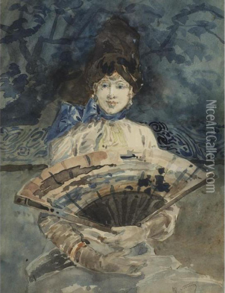 Elegant Lady Holding A Japanese Fan Oil Painting - Henry Somm