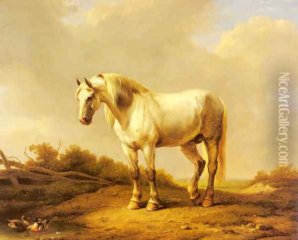 A White Stallion In A Landscape Oil Painting - Eugene Verboeckhoven