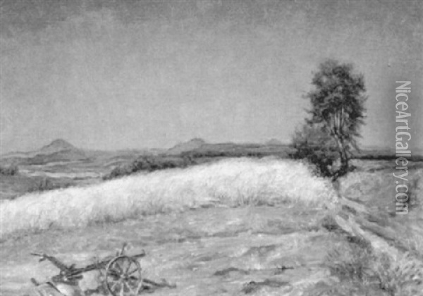 Weite Landschaft Mit Getreidefeld Und Abgestelltem Pflug Im Vordergrund Oil Painting - Wilhelm Hempfing