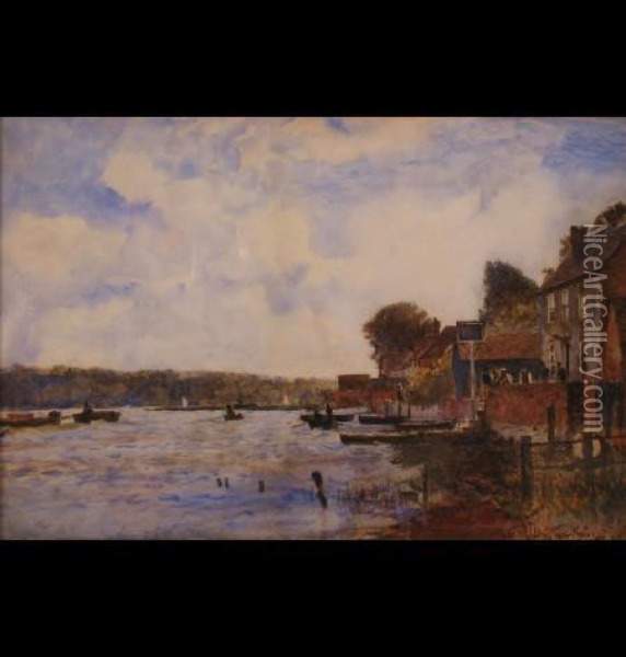 A Riverside Hostelry With Figuresand Boats Oil Painting - John William Buxton Knight