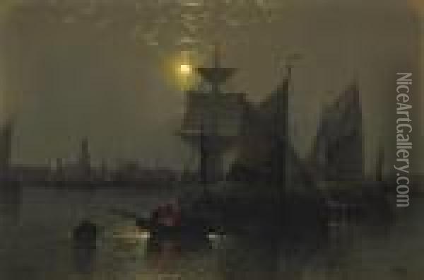 Sailing Vessels In A Moonlit Harbor With Fishermen And Their Boats In The Foreground Oil Painting - Abraham Hulk Jun.
