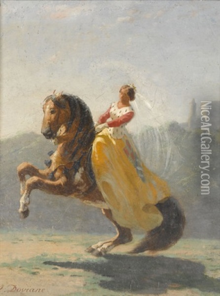 Reiterin In Gelbem Kleid Mit Pferd Oil Painting - Auguste Viande