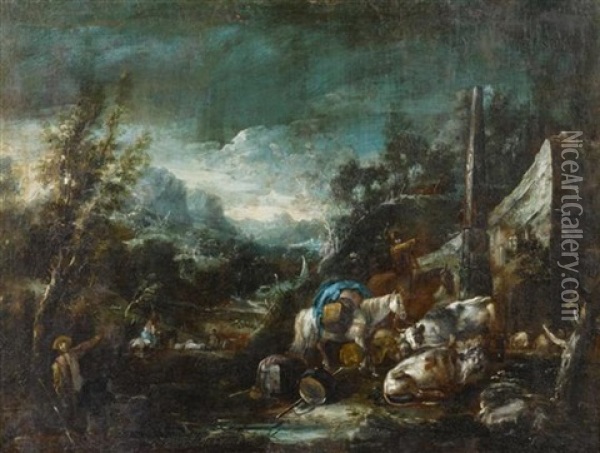 Rastende Schafer Neben Einem Fluss Oil Painting - Antonio Maria Marini