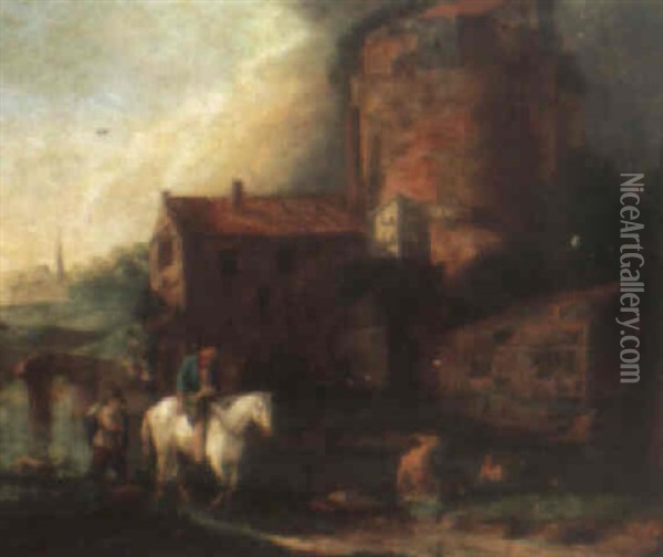 Travellers Near A River And Farm Buildings Oil Painting - Dirk Langendyk