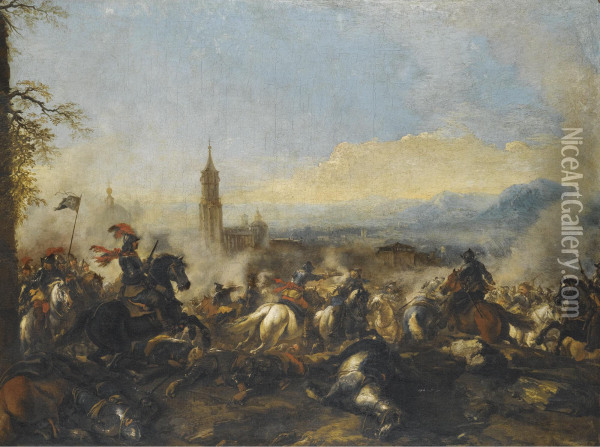 A Cavalry Engagement, A Cathedral Beyond Oil Painting - Jacques Courtois Le Bourguignon