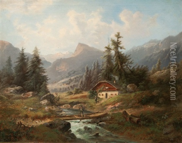 Mountain Landscape With Creek Oil Painting - Gustav Barbarini