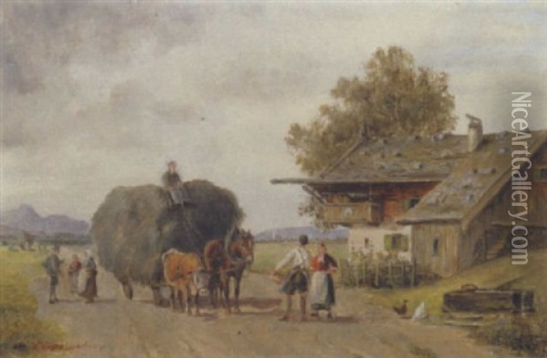 Heuwagen Am Bauernhof Oil Painting - Ludwig Mueller-Cornelius