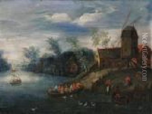 A River Landscape, With Peasants
 At A Landing Stage, A Windmillnearby; And Peasants In Ferries And 
Carts, A Village Beyond Oil Painting - Jan The Elder Brueghel