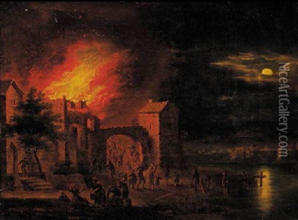 A Town On Fire At Night Oil Painting - Adriaen Lievensz van der Poel