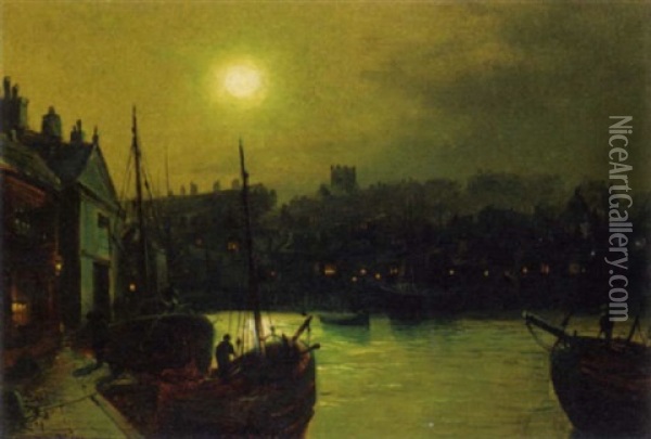 Fishing Boats At The Quay By Moonlight Oil Painting - Walter Linsley Meegan