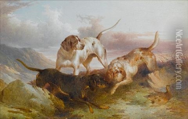 Pointers Stalking A Grouse (+ Pointers Putting Up Game; Pair) Oil Painting - Paul Jones