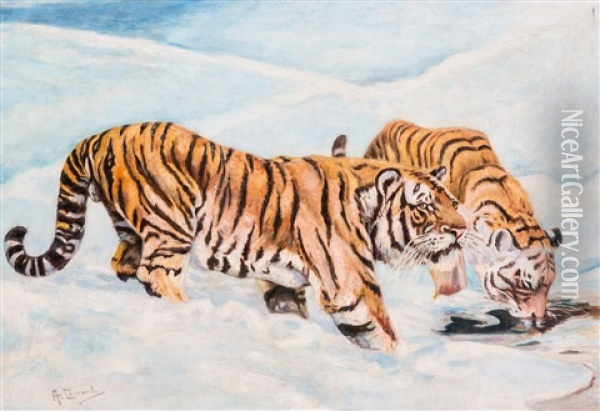 Winter Landscape With Two Tigers Oil Painting - Alexeij Stepanowitsch Stepanow