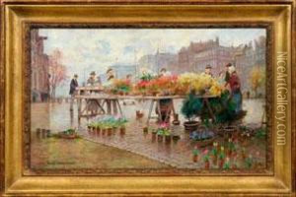 Blumenmarkt In Einer Niederlandischen Stadt Oil Painting - Hans Herrmann