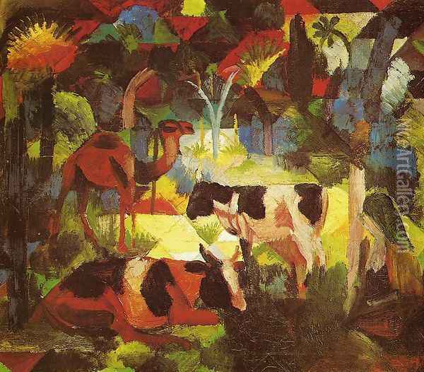 Landscape With Cows And Camel Oil Painting - August Macke