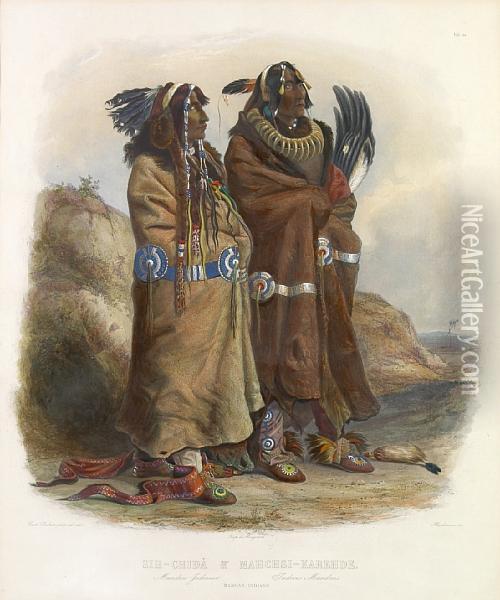 Sih-chida & Mahchsi-karehde,
 Mandan Indians, Pl. 20, From Travels In The Interior Of North America Oil Painting - Karl Bodmer