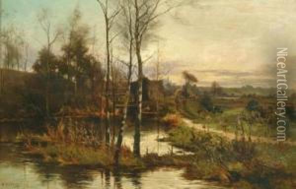 Autumnal Evening With Figures On A Riverside Path Oil Painting - William Manners