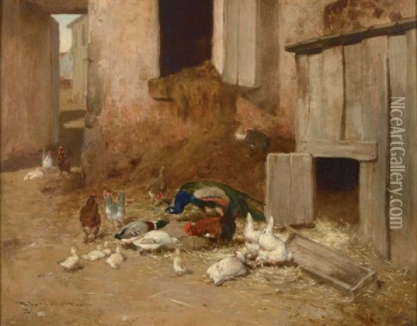 Scene De Basse Cour Avec Paon Et Canard Oil Painting - Philibert-Leon Couturier