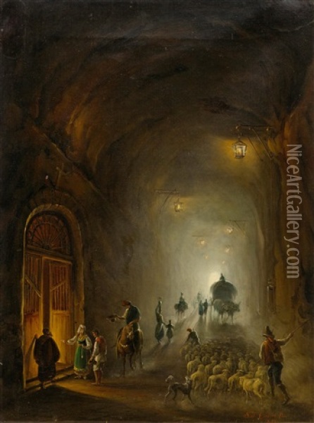 Figures And Livestock In A Tunnel Oil Painting - Salvatore Candido