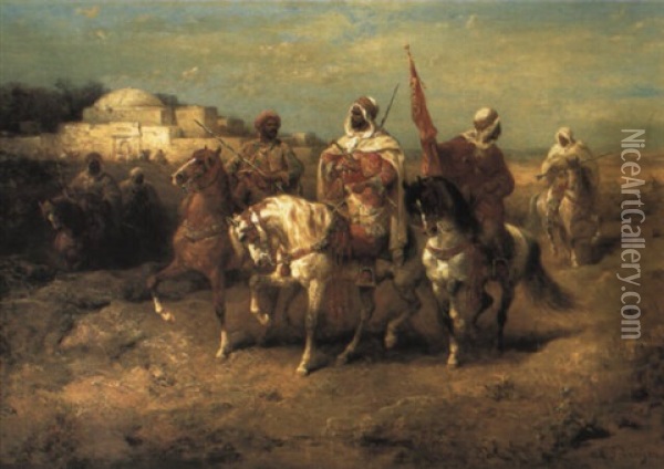 Arab Horsemen Outside A Fortress Oil Painting - Adolf Schreyer