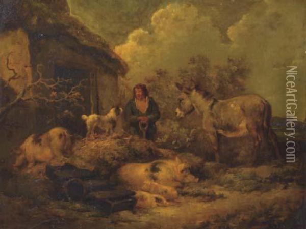 A Farmer In The Yard With Pigs Oil Painting - George Morland