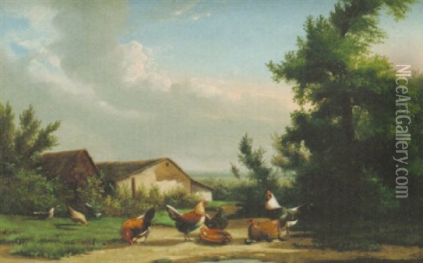 Poultry Near A Farmstead Oil Painting - Jef Louis Van Leemputten