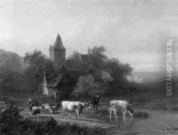 Hirten Mit Kuhen Und Schafen Am Flus Vor Alten Hausen Und Gotischer Kirche Oil Painting - Alfred Eduard Agenor de Bylandt