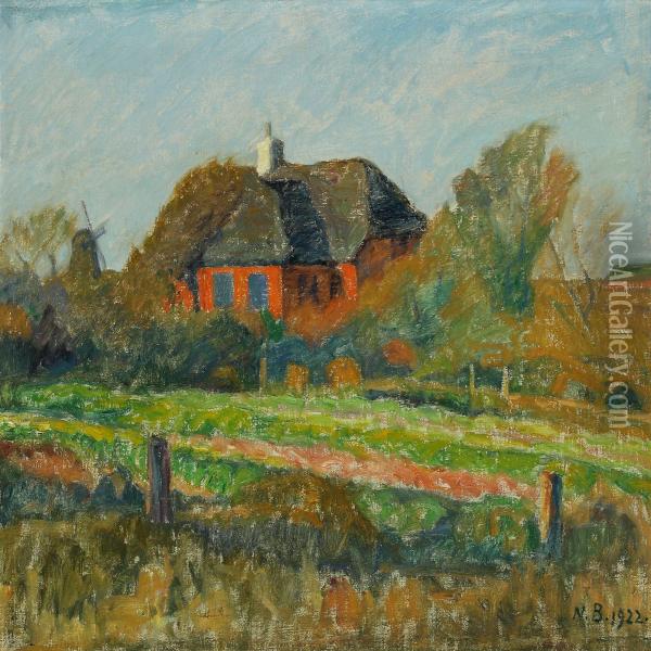 Landscape From Harboore With Red House And A Mill Oil Painting - Niels Bjerre