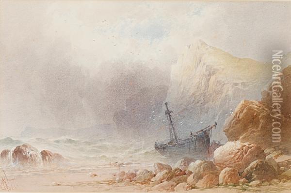 Coastal Inlet With Beached Fishing Boat, Isle Of Wight Oil Painting - William Cook Of Plymouth