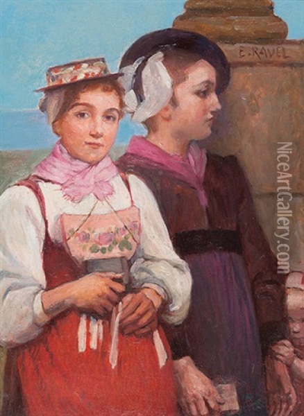 Zwei Junge Walliserinnen Intracht Auf Demweg Zur Kirche Oil Painting - Edouard John E. Ravel