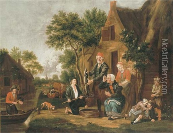 Fishermen Selling Their Catch At A Riverside Cottage Oil Painting - Johannes van der Bent
