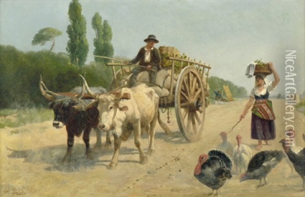 Auf Der Landstrasse (italienischer Bauer Mit Ochsengespann Im Gesprach Mit Einer Bauerin) Oil Painting - Richard Beavis