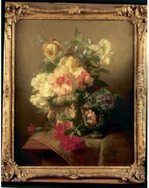 Nature Morte Aux Fleurs, Vase En Ceramique Et Coupe En Email De Limoges Sur Un Entablement Oil Painting - Jean Marie Reignier