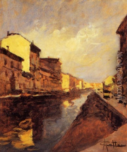 Naviglio Milanese Oil Painting - Achille Cattaneo