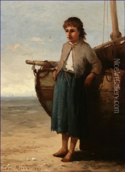 Figure Leaning Against A Boat Oil Painting - Edward Moran