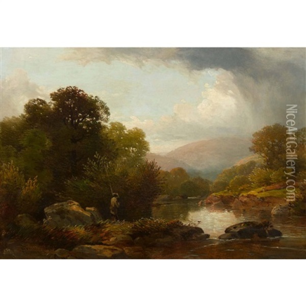 River Landscape With A Fisherman Oil Painting - William (of Plymouth) Williams