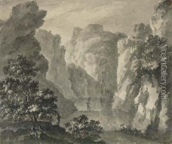 A Gorge With A Boat And Figures In The Foreground Oil Painting - Robert Adam