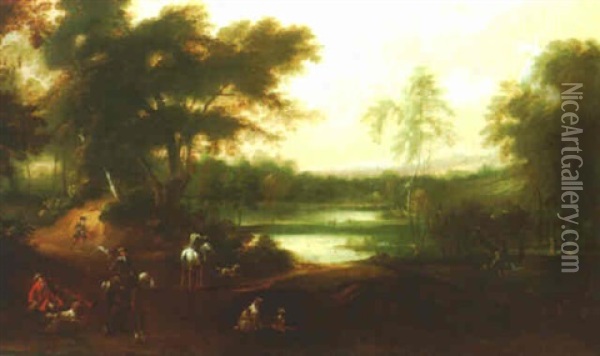 A Wooded Landscape With Figures Hunting By A Lake Oil Painting - Jacques d' Arthois