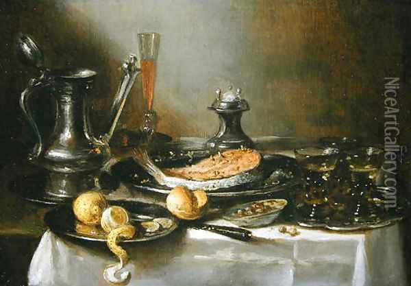 Still life with salmon and lemons, c.1658 Oil Painting - Pieter Claesz.