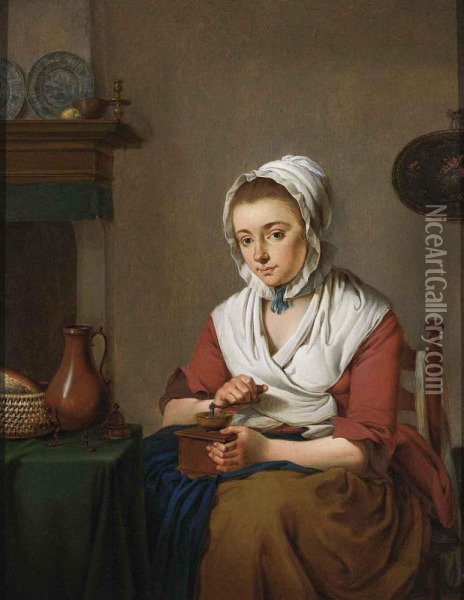 A Maid Grinding Coffee Oil Painting - Jacobus Johannes Lauwers