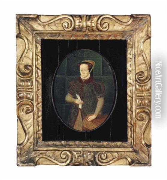 Portrait Of Mary I, Queen Of England (1516-1558), Small Three-quarter-length, In A Dark Red Coat With Fur Collar, Holding A Letter At A Draped Table Oil Painting - Hans Eworth