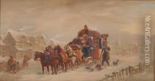 Exeter And London Coach Stopping At The Crown On A Winter Evening Oil Painting - John Charles Maggs