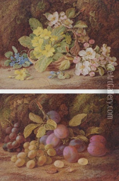 Primroses, Apple Blossom, And A Wicker Basket, On A Mossy Bank Oil Painting - Vincent Clare