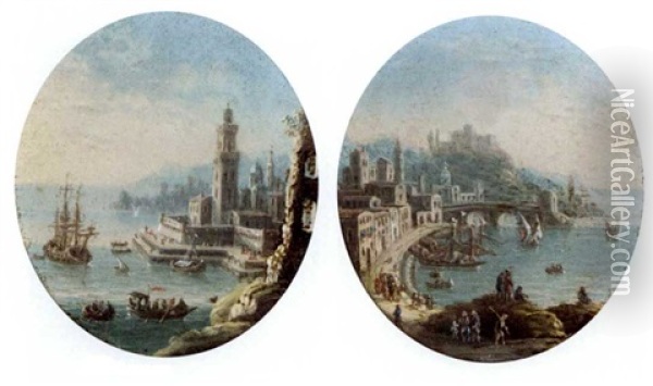 Mediterranean Harbour Capriccio's (pair) Oil Painting - Orazio Grevenbroeck