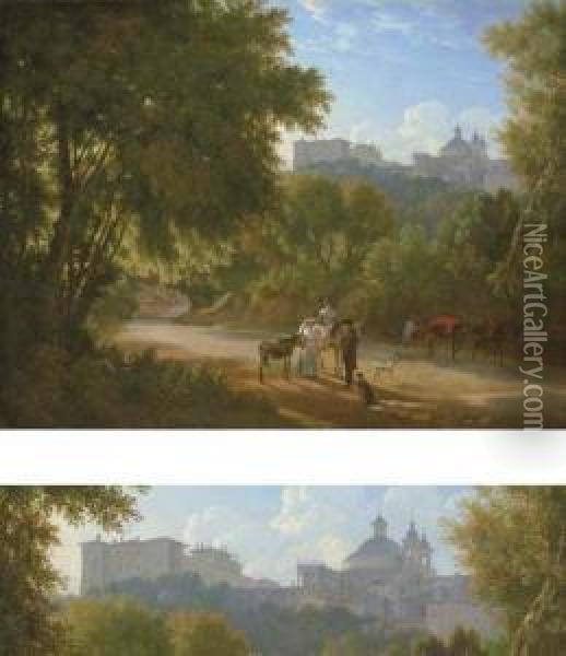 A Valley In The Alban Hills With
 Travelers On A Road, A View Of The Chigi Palace And Santa Maria 
Dell'assunta Beyond Oil Painting - Achille-Etna Michallon