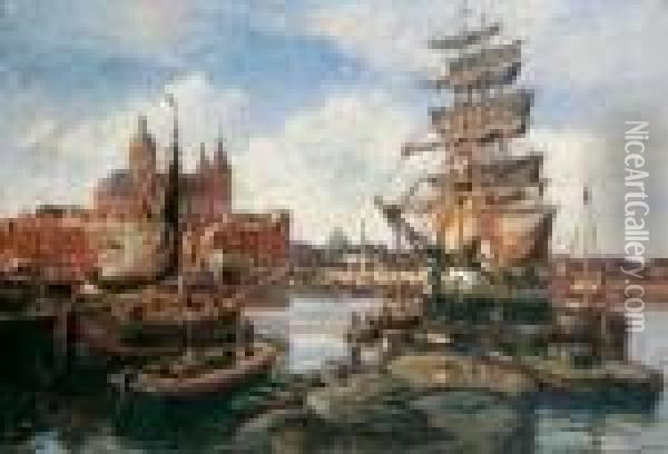 Im Hafen Von Amsterdam. Oil Painting - Heinrich Hermanns