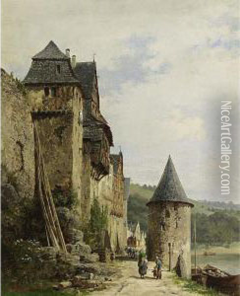 Villagers Along A Path Near A River, Possibly The River Main Or Mosel Oil Painting - Karl Weysser