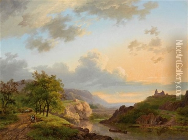 Travellers In An Extensive River Landscape Oil Painting - Marinus Adrianus Koekkoek