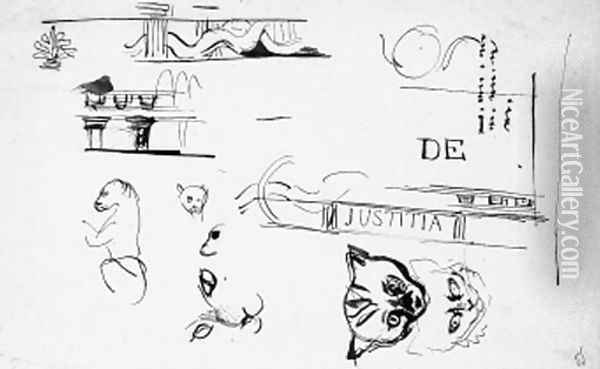 A sheet of studies of the heads of cats, architectural motifs and after the antique decoration for the Chambre de Deputes, Paris Oil Painting - Eugene Delacroix
