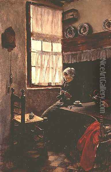 A young woman knitting in an interior Oil Painting - Max Liebermann